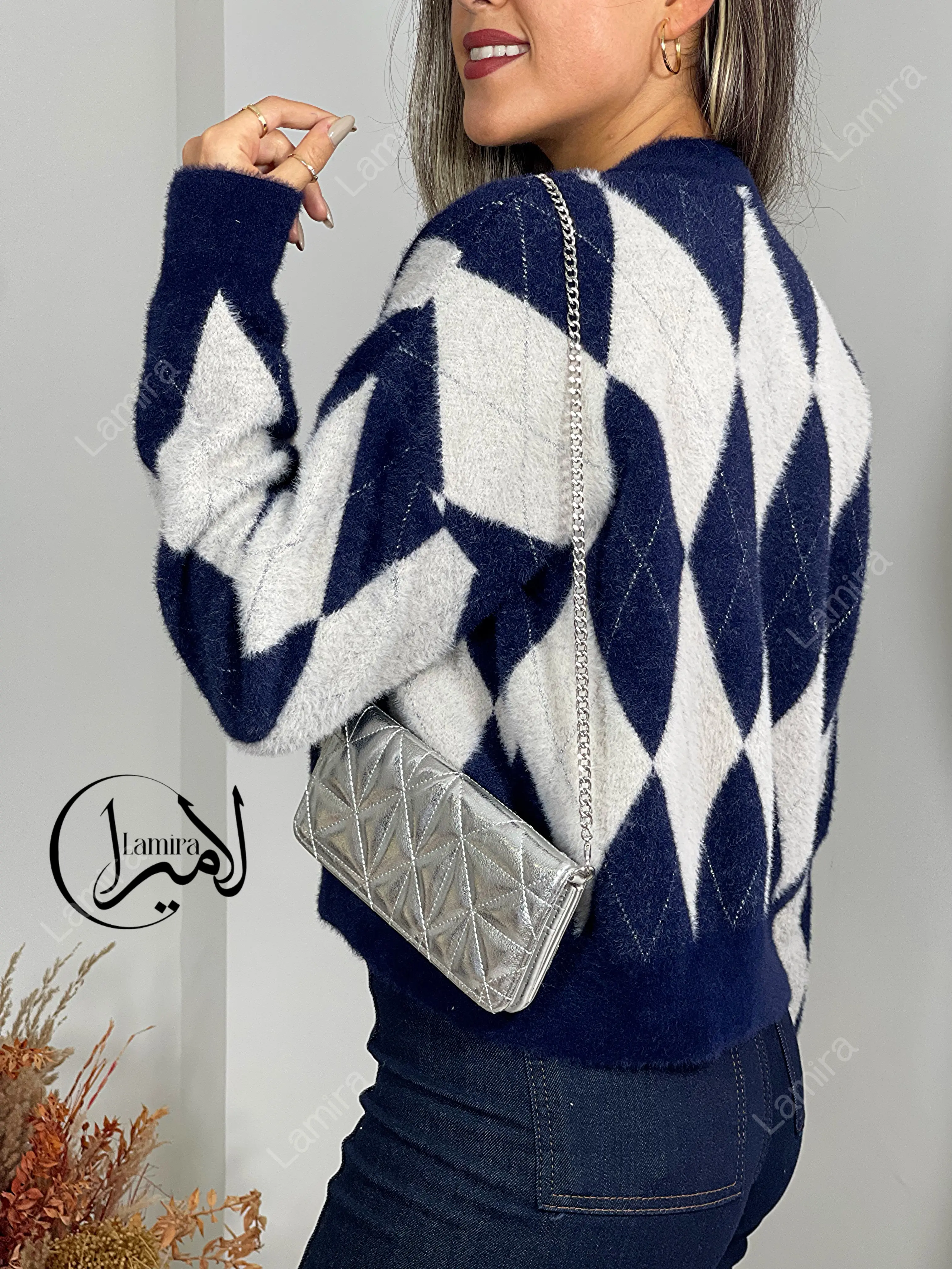ژاکت بافت لوزی لمه دوزی ترک